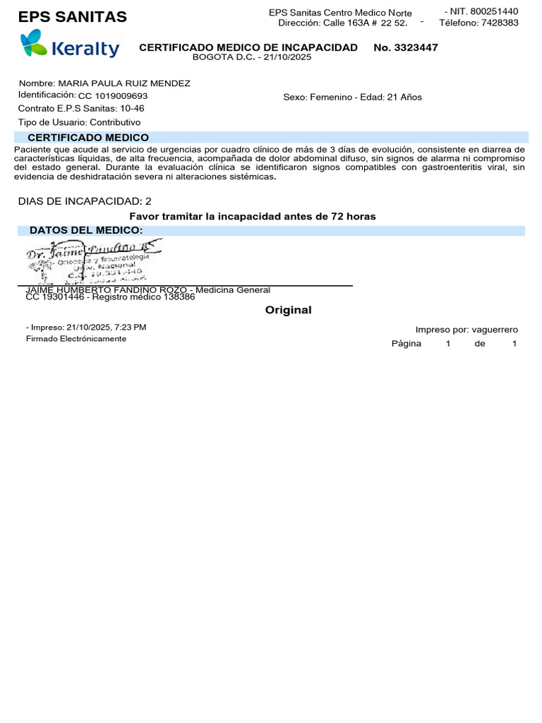 Certificado Médico de Incapacidad EPS Sanitas | PDF