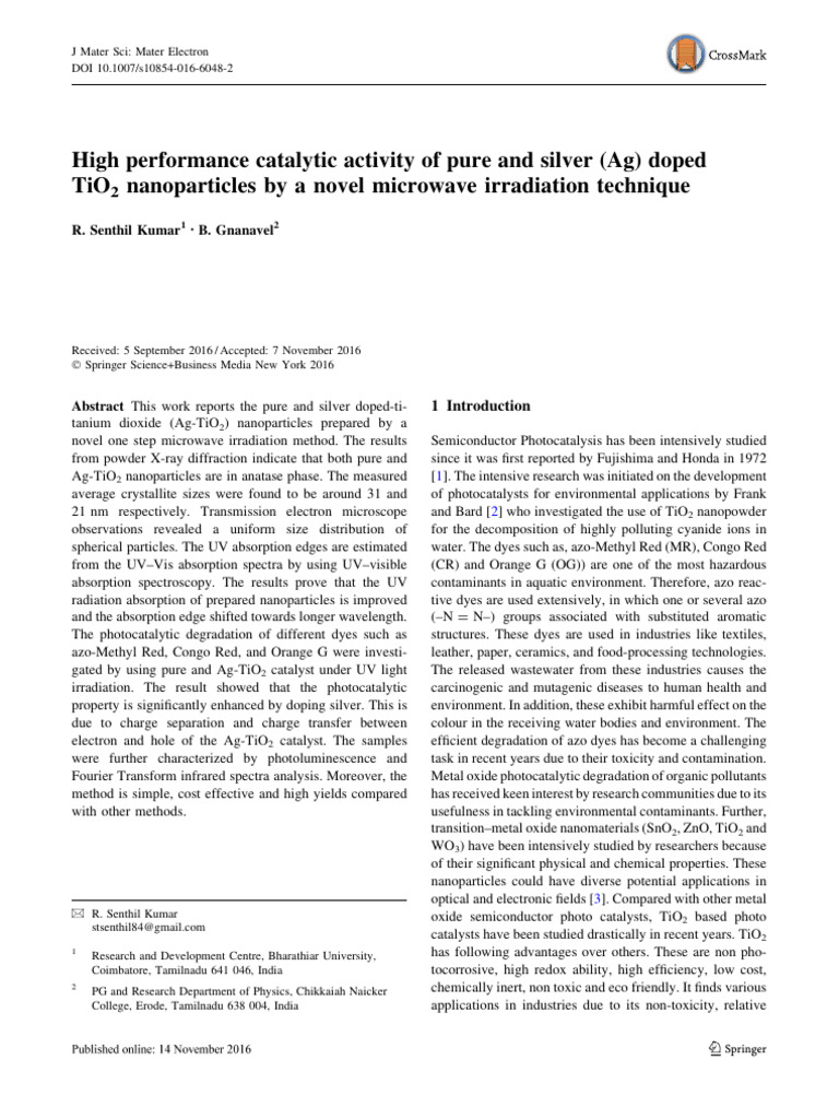High-Performance Ag-Doped TiO2 Nanoparticles | PDF | Nanoparticle ...
