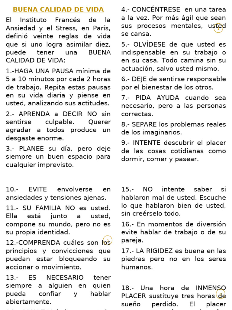 20 Reglas para una Buena Calidad de Vida | PDF