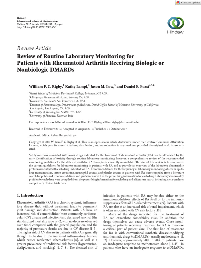 Laboratory Monitoring in Rheumatoid Arthritis | PDF | High Density ...