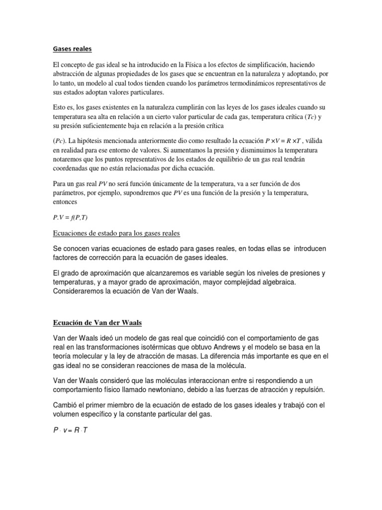 Ecuaciones de Gases Reales y Van der Waals | PDF | Gases | Ecuaciones