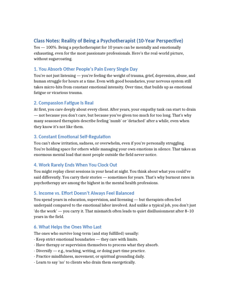 Psychotherapist 10 Year Reality Notes | PDF