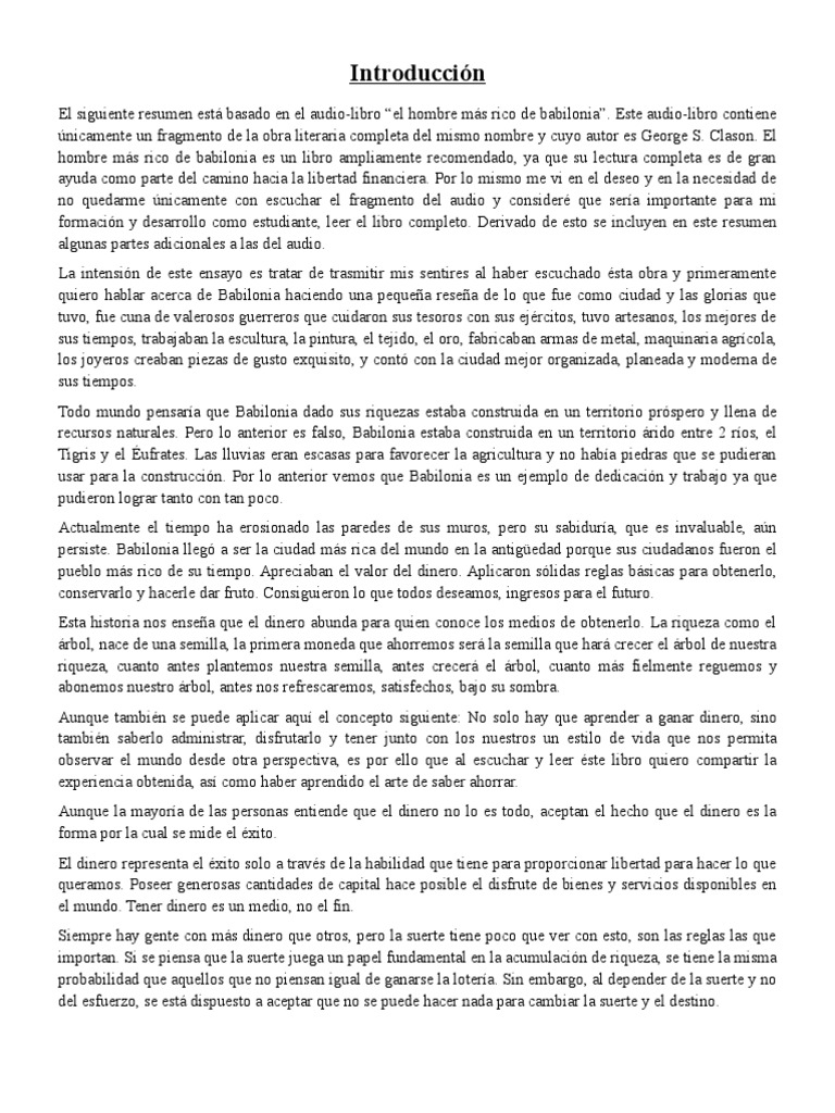 Resumen el hombre más rico de Babilonia Dinero Riqueza