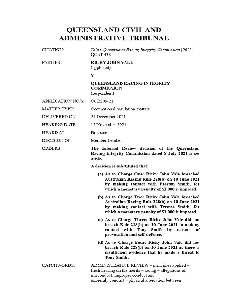 Vale v QRIC: QCAT Decision Summary | PDF | Assault | Public Law