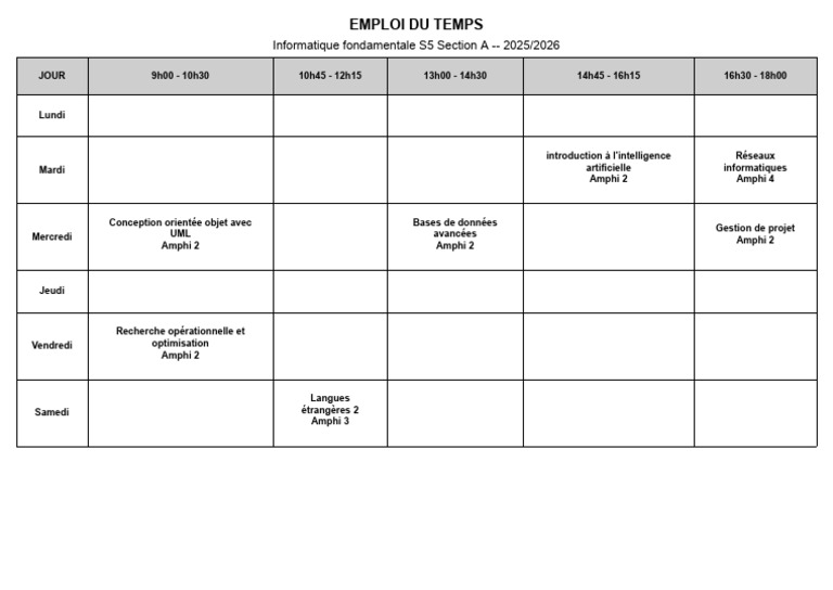 Emploi du temps Informatique S5 2025/2026 | PDF