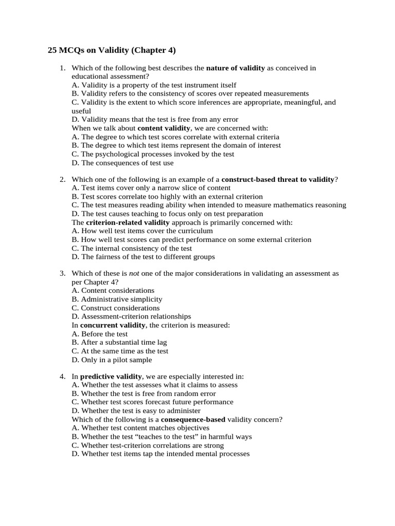 25 MCQs on Validity in Assessment | PDF | Validity (Statistics ...