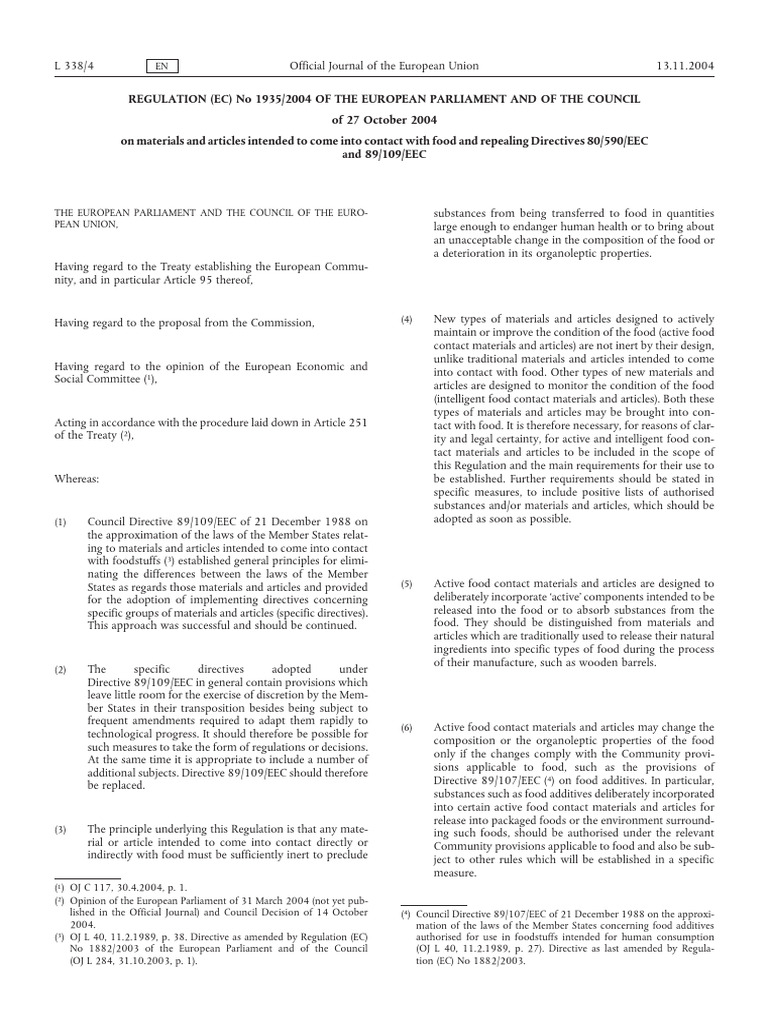 EC Regulation 1935/2004 on Food Contact Materials | PDF | Directive ...