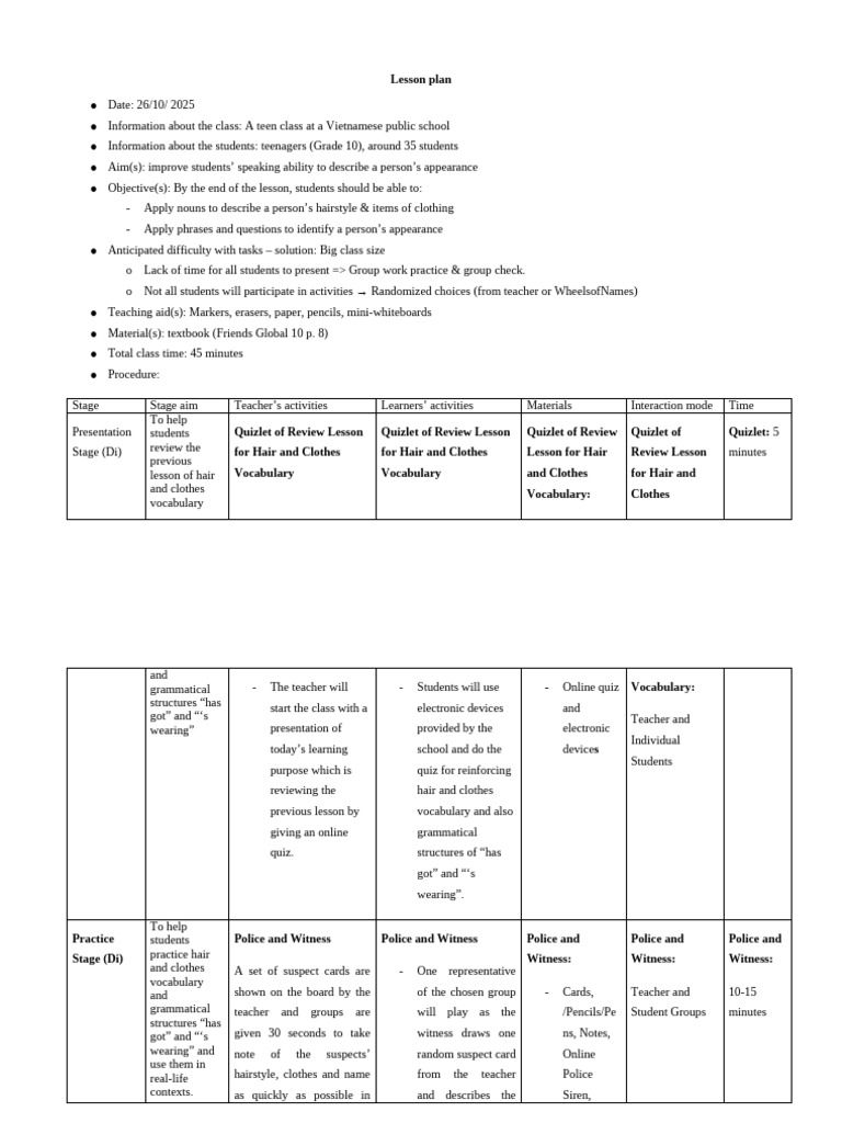 Teen Class Lesson Plan: Describing Appearance | PDF | Multiple Choice ...
