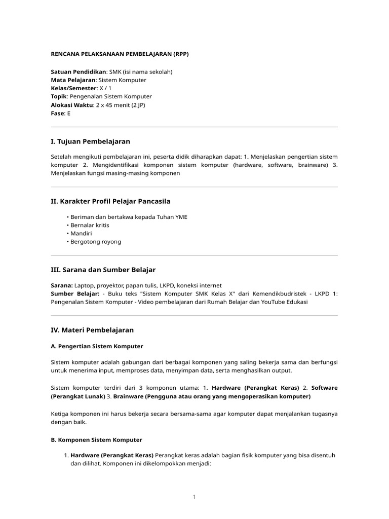 RPP Pengenalan Sistem Komputer SMK | PDF