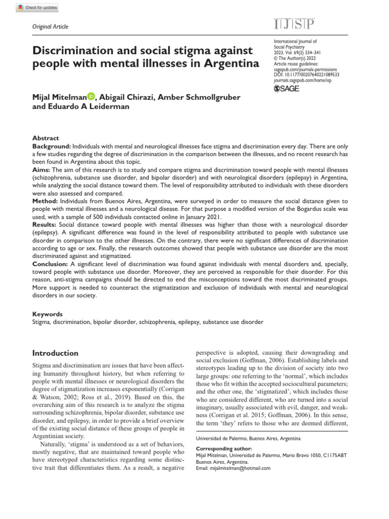 Mitelman Et Al 2022 Discrimination and Social Stigma Against People ...