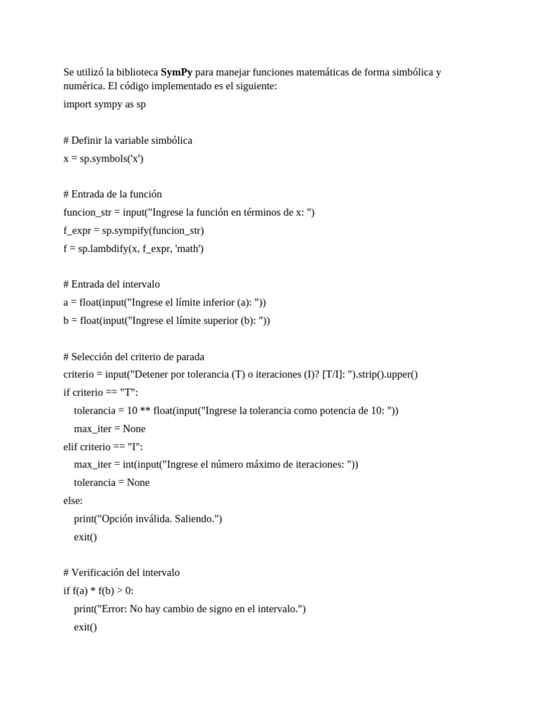 Método de Bisección en Python con SymPy | PDF | Algoritmos | Matemáticas