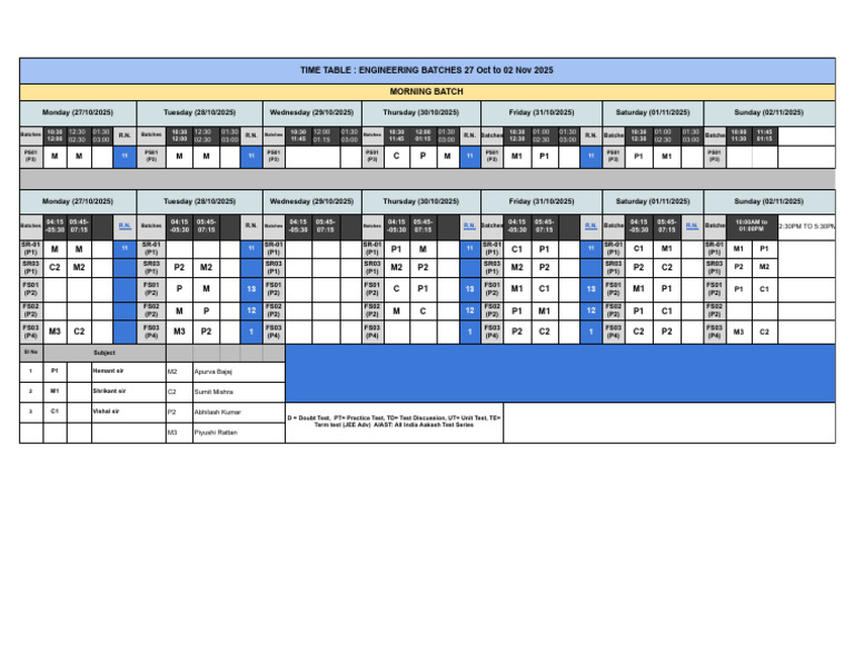Time Table - Engineering-27 Oct To 02 Nov 2025 | PDF