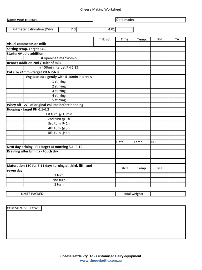 Cheese Making Worksheet - Cheese Kettle Pty Ltd | PDF