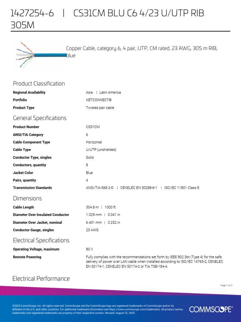 CS31CM Cat 6 U/UTP Cable Specifications | PDF | Manufactured Goods ...