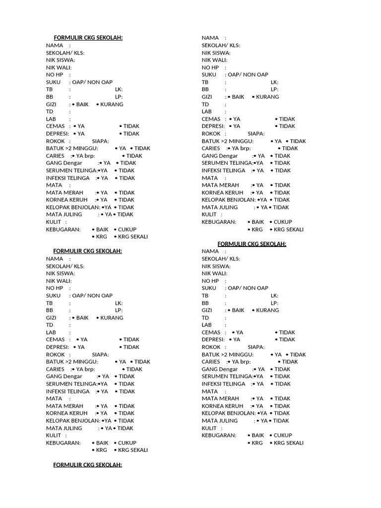Formulir CKG Kesehatan Sekolah | PDF
