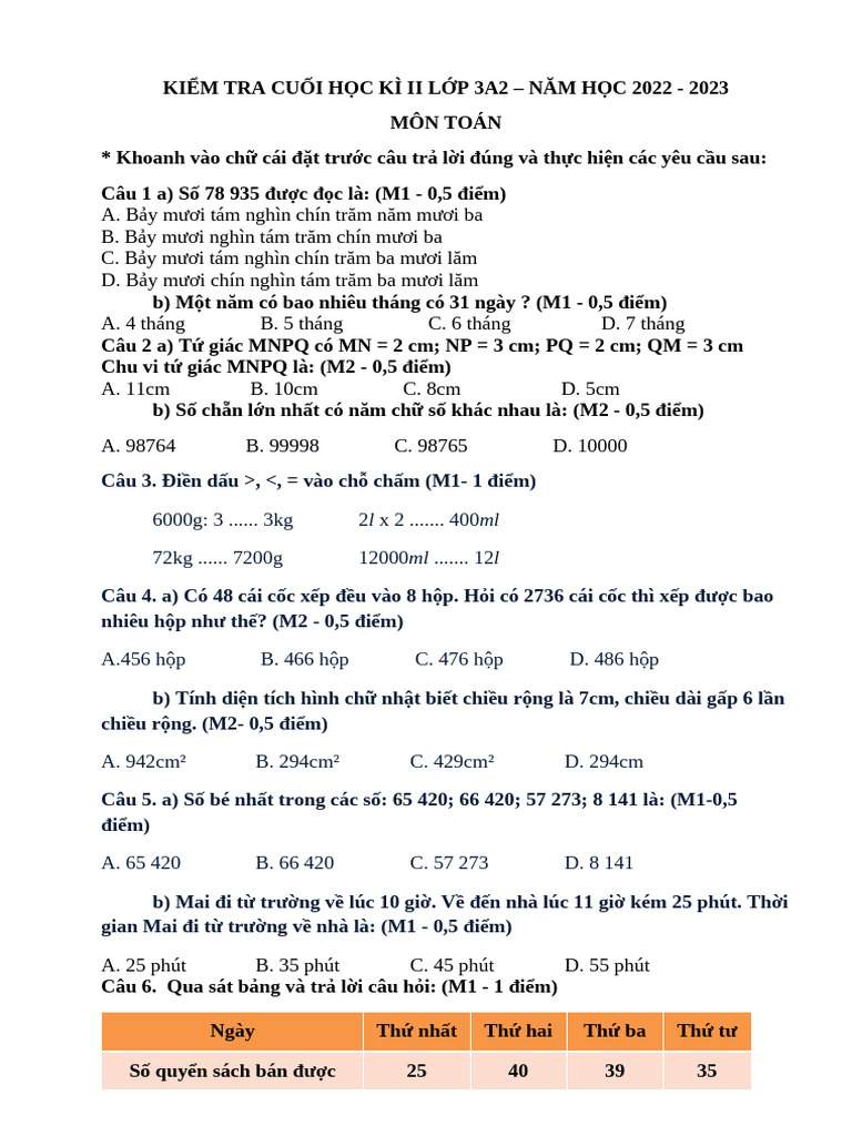 3A2 - KTCK2 - Toán | PDF
