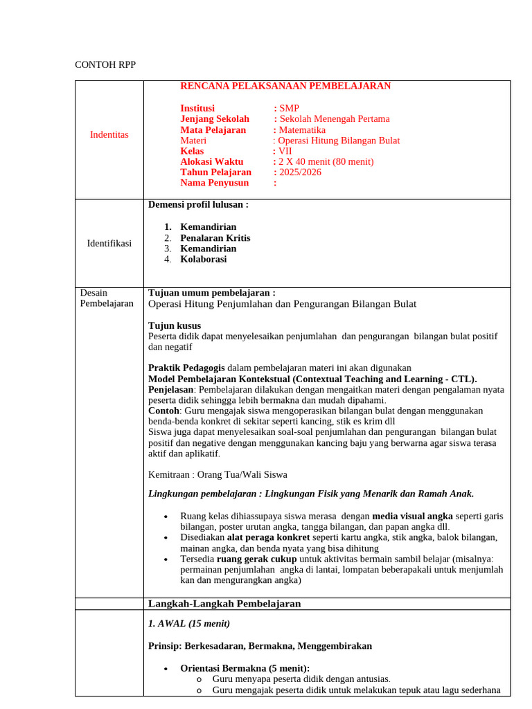 Contoh RPP 1 | PDF