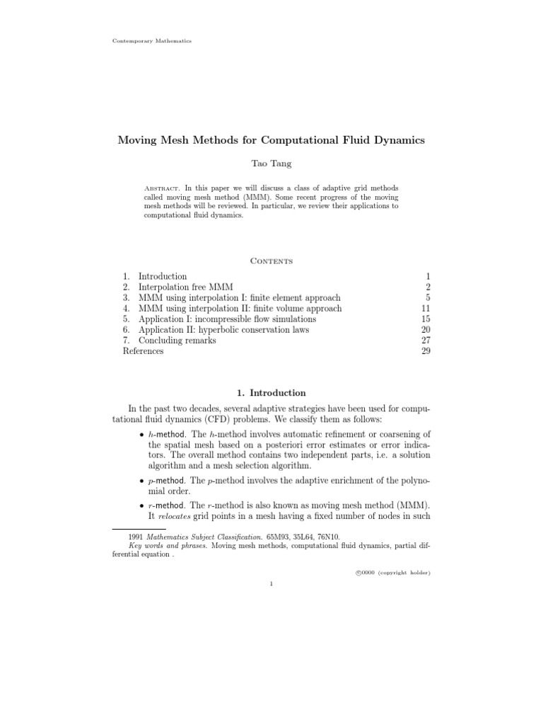 Moving Mesh Methods For Computational Fluid Dynamics: Tao Tang | PDF