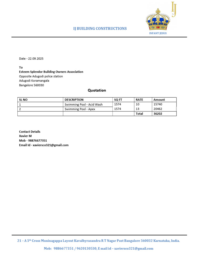 Quotation for Swimming Pool Services | PDF
