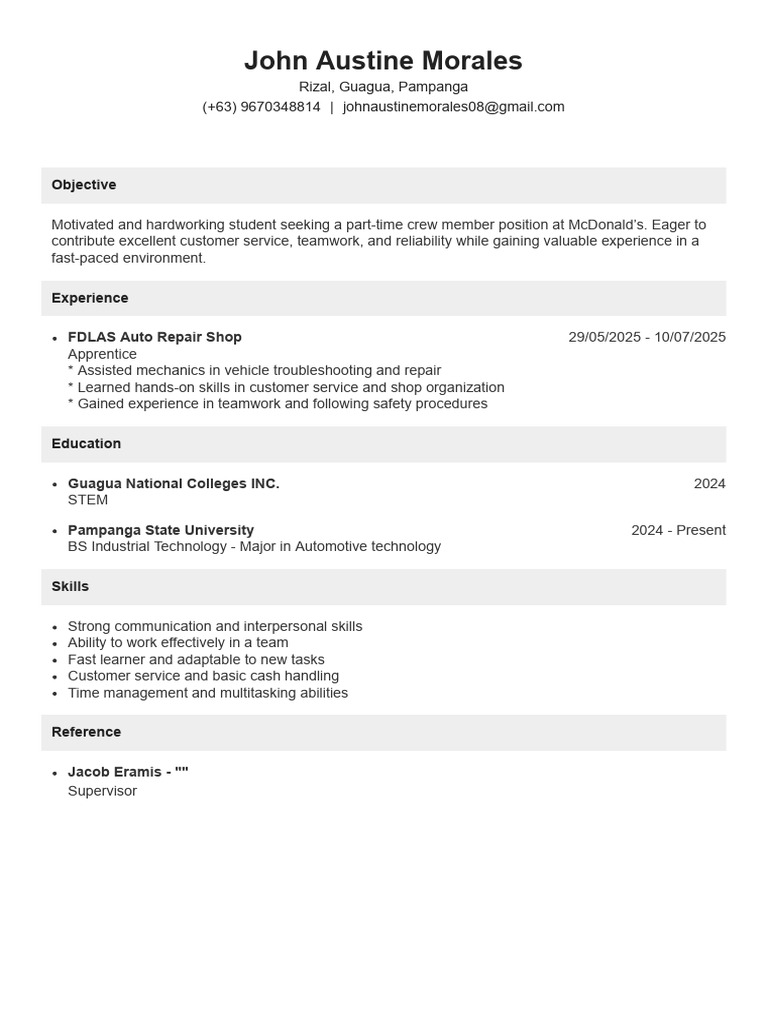 Part-Time McDonald's Crew Member Resume | PDF