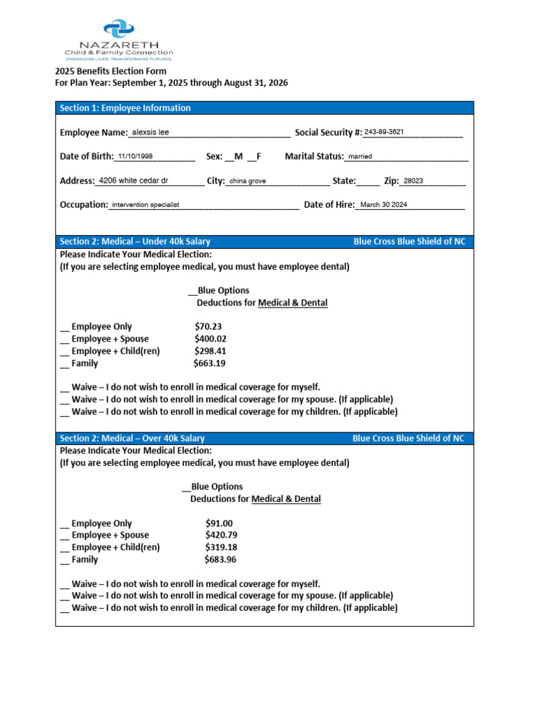 2025 Employee Benefits Election Form | PDF | Social Security (United ...