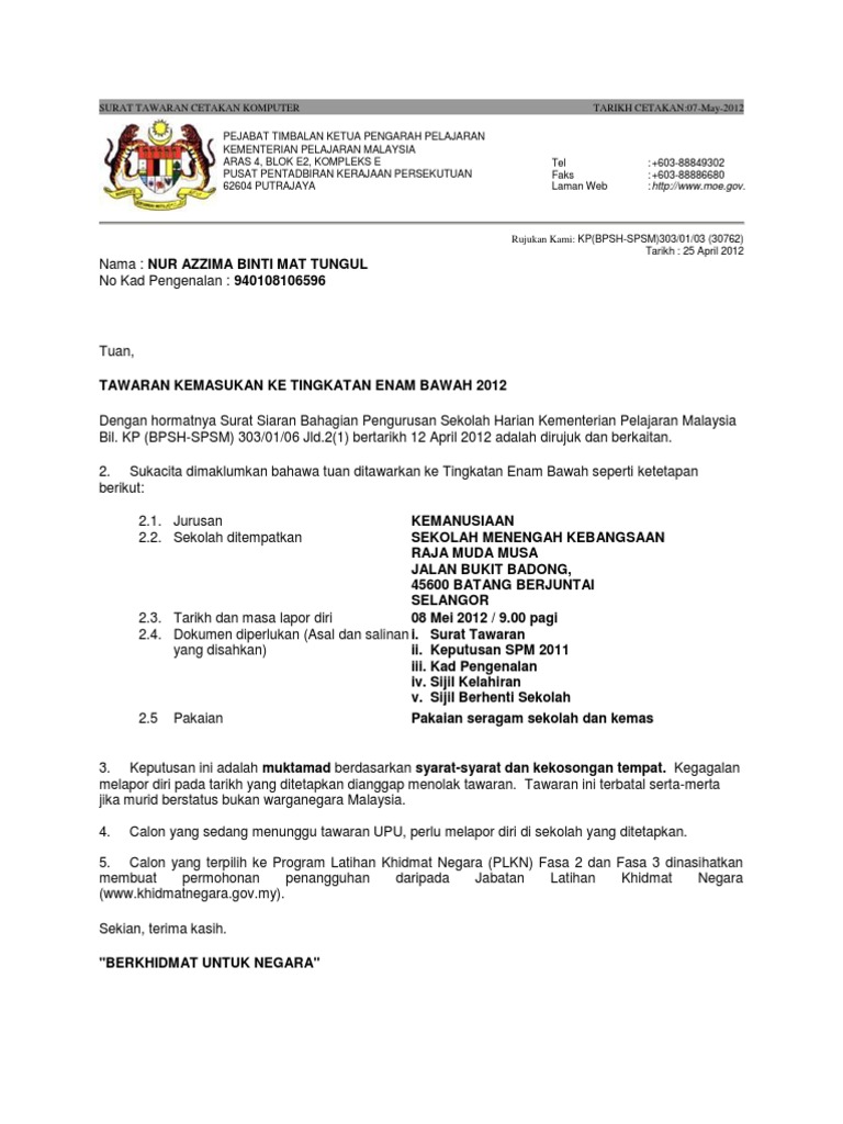 Surat Tawaran Form 6 Pdf