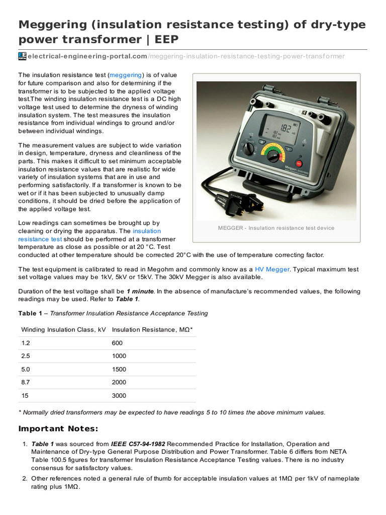 Insulation Resistance Testing for Transformers | PDF | Insulator ...