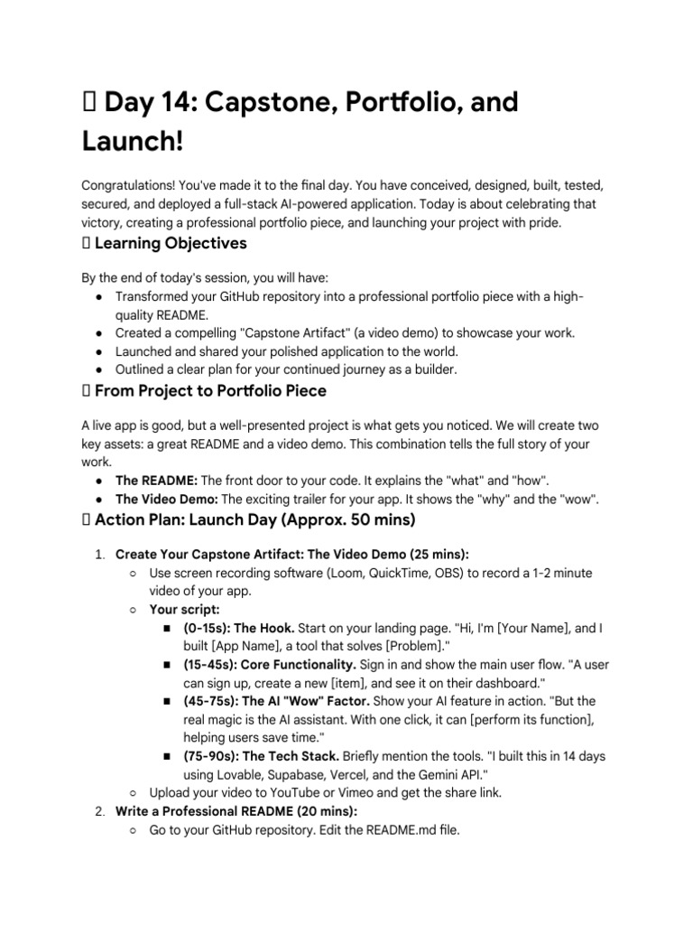 Day 14_ Capstone, Portfolio, And Launch! | PDF | Computing | Software