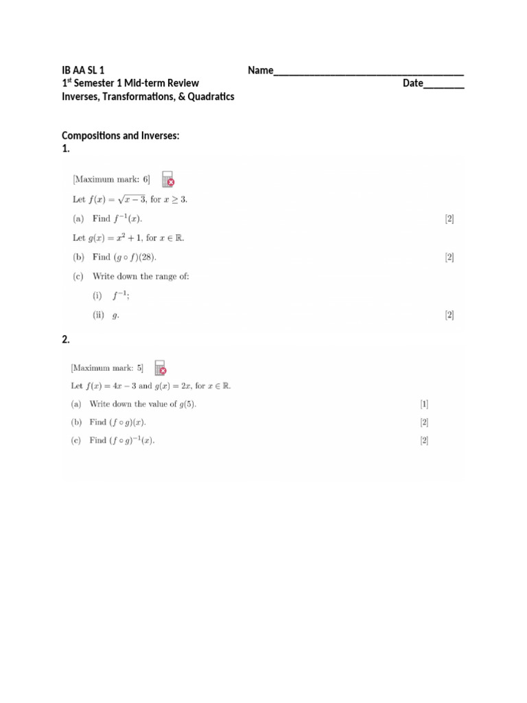 Mid-term Review: Inverses & Quadratics | PDF
