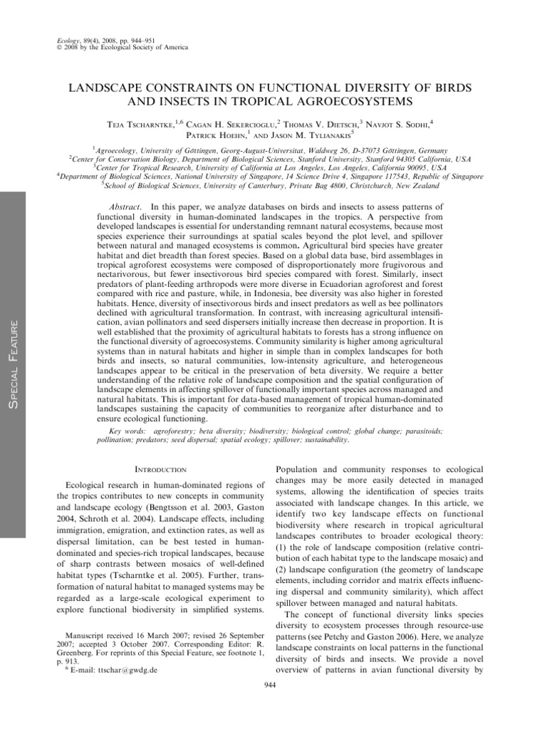 Functional Diversity of Birds & Insects in Agroecosystems | PDF ...