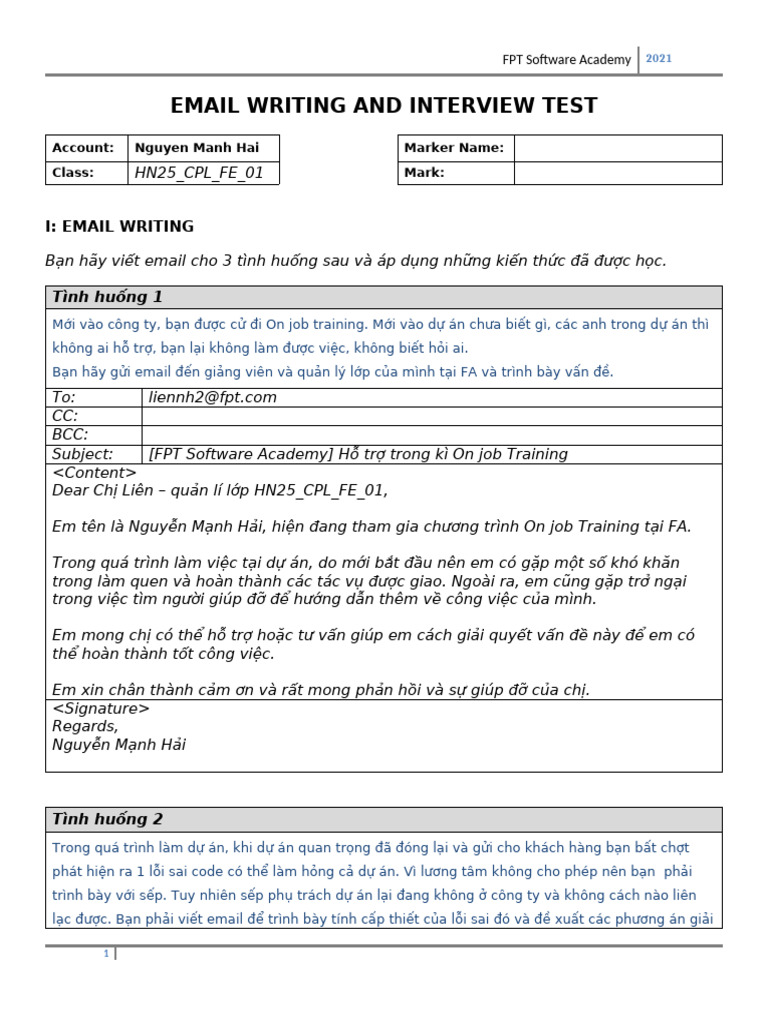 Nguyễn Mạnh Hải - EmailwritingTest | PDF