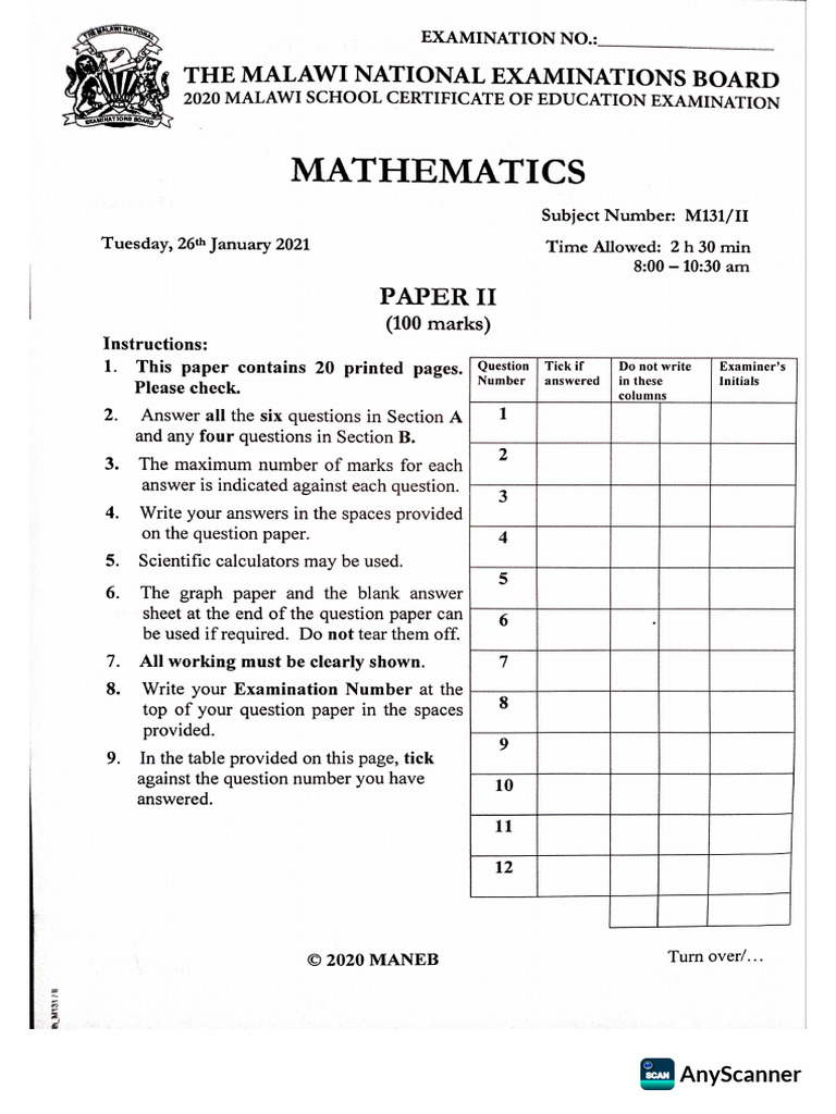 2020 Maneb Mathematics Pii | PDF