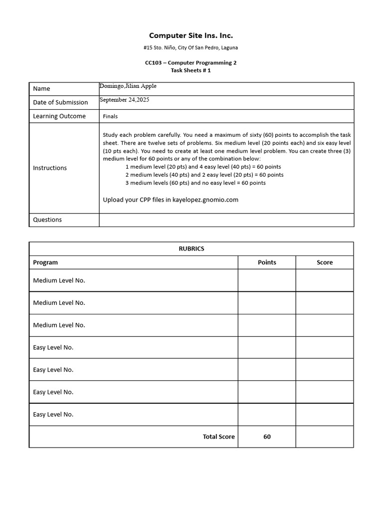3 Finals BSCS TaskSheets CC103 ComputerProgramming2 | PDF | Namespace | C++