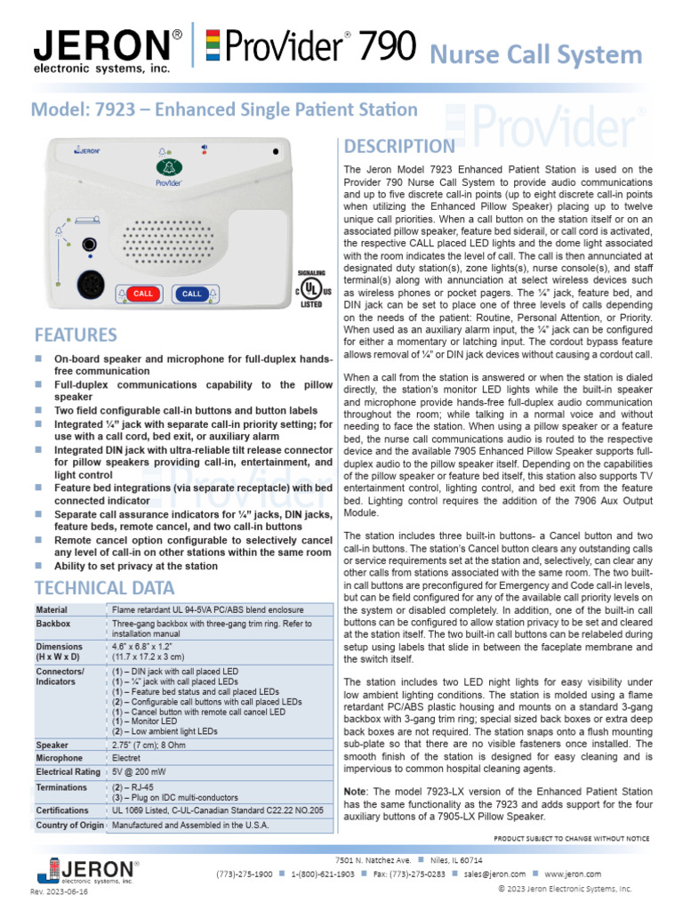 Jeron 7923 Enhanced Patient Station | PDF | Duplex (Telecommunications ...