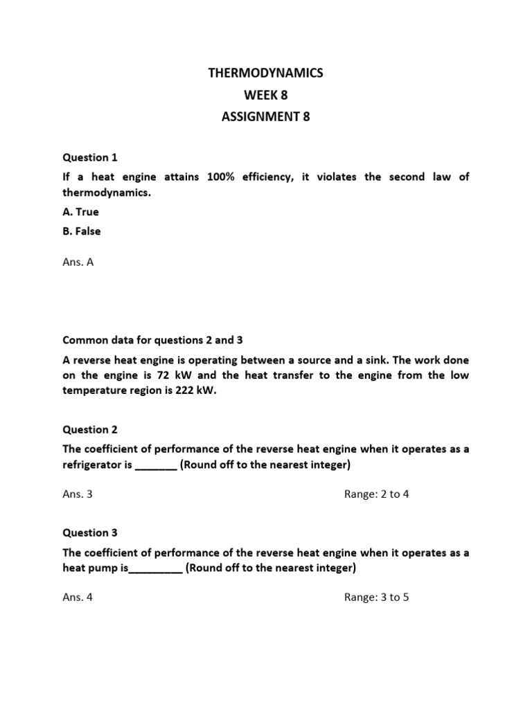 Thermodynamics Week 8 Assignment 8 Version 2 | PDF | Temperature | Heat