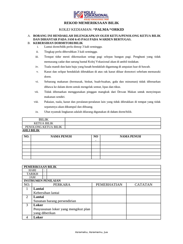 Panduan Kebersihan Bilik Asrama | PDF