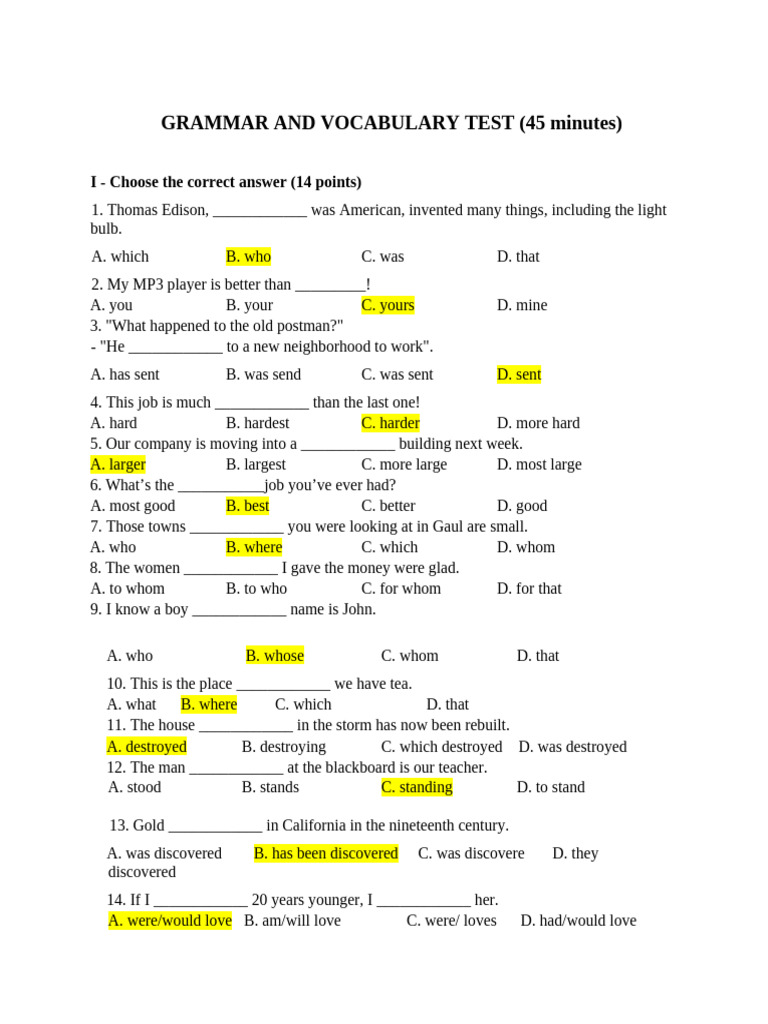 Grammar and Vocabulary Test Guide | PDF