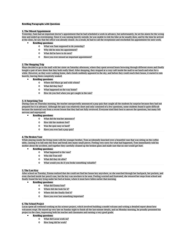 Retelling Paragraphs With Questions | PDF | Cakes