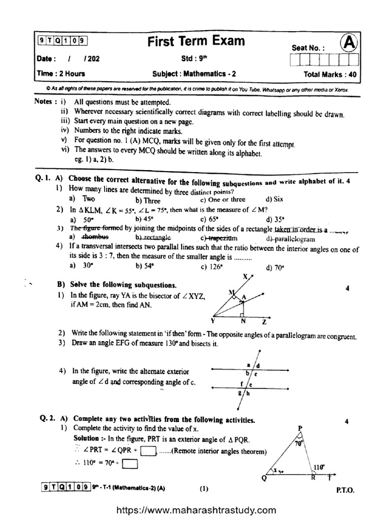 MH Board Class 9 First Term Mathematics 2 9tq109 Set A 270625 2024 | PDF