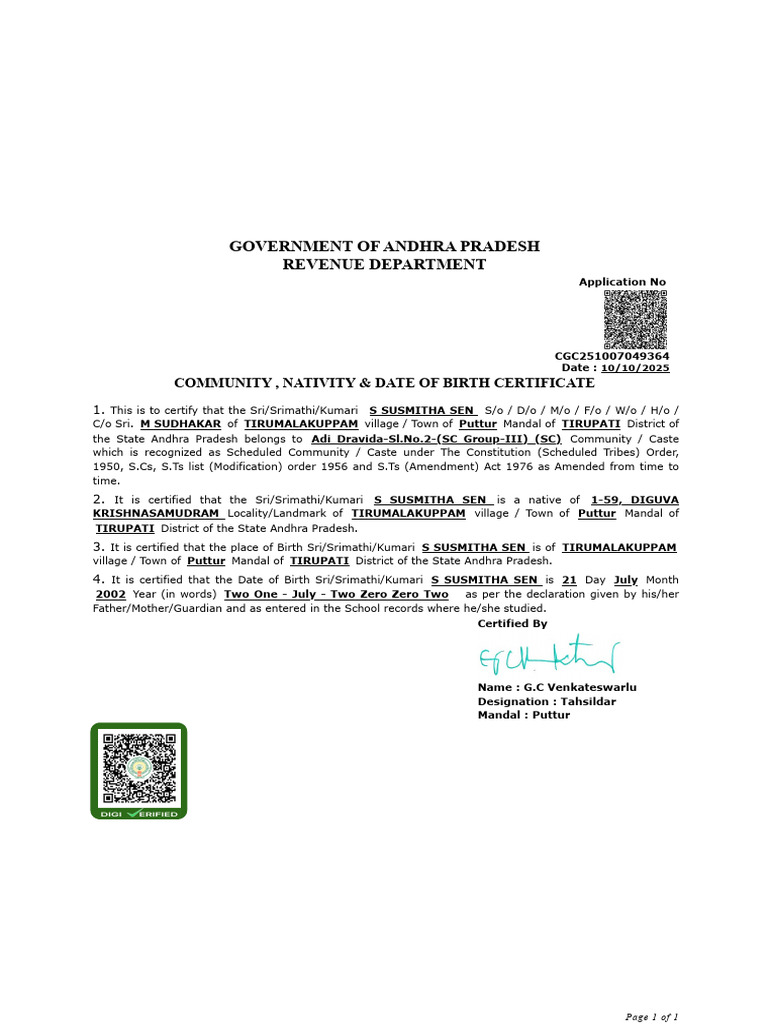 Caste Certificate CGC251007049364 | PDF | Government Of India