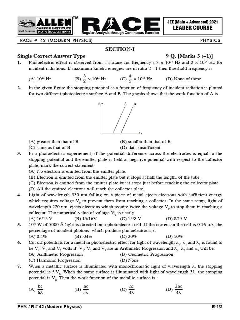 JEE 2021 Modern Physics Practice Questions | PDF | Photoelectric Effect ...
