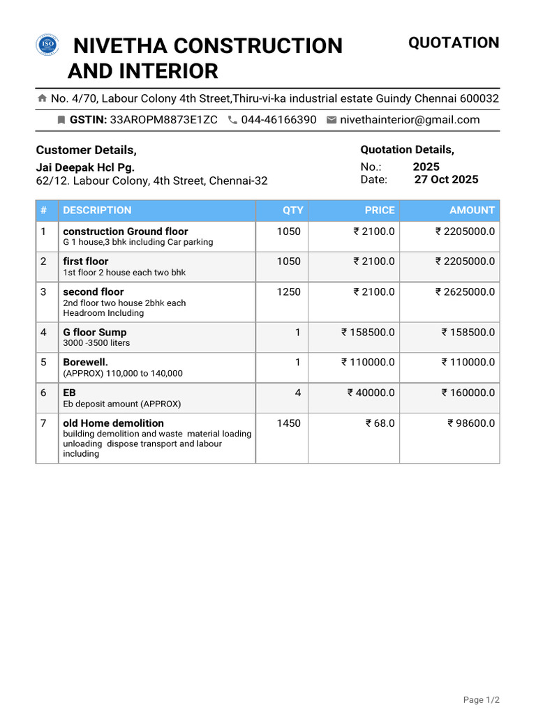 Construction Quotation for 3 BHK House | PDF