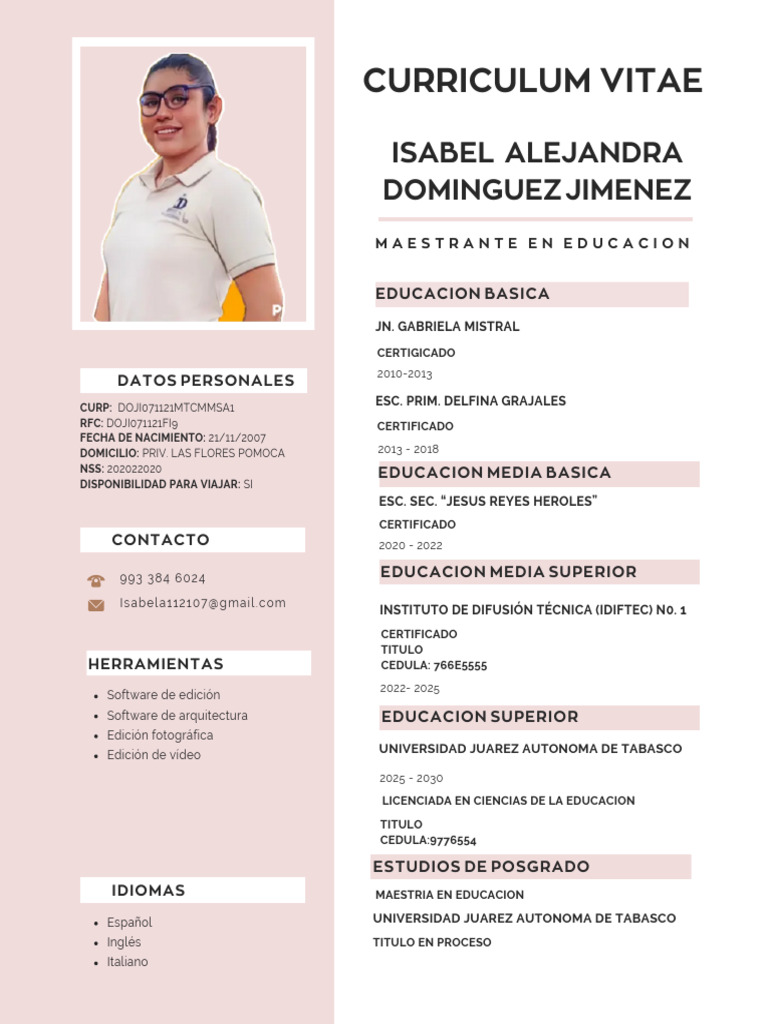 Currículum Vitae CV Diseñadora y Arquitecta Minimalista Rosa | PDF