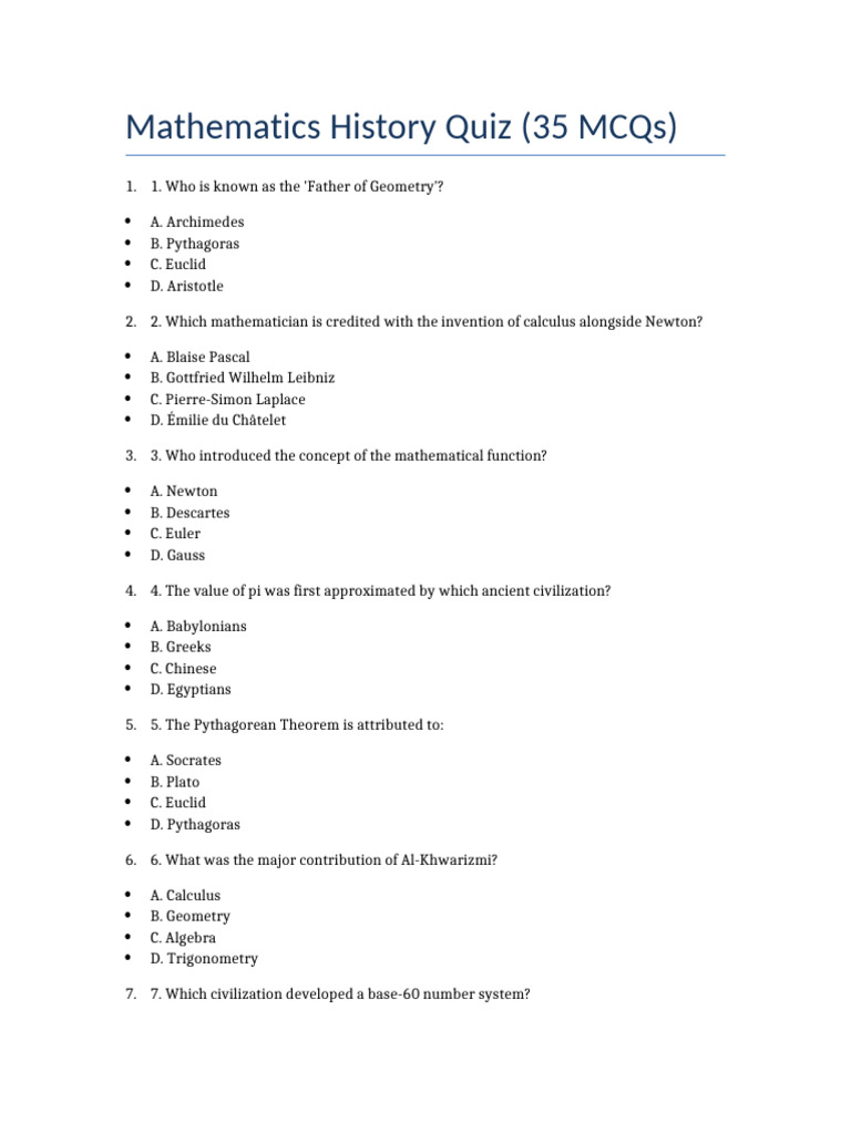 Mathematics History Quiz: 35 MCQs | PDF | Mathematics | Numbers