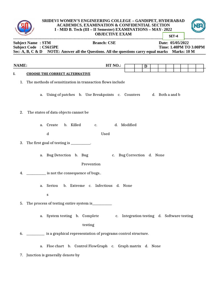 B. Tech STM Exam Paper - May 2022 | PDF | Software Engineering ...