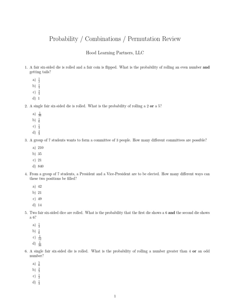 Probability and Combinations Review Quiz | PDF