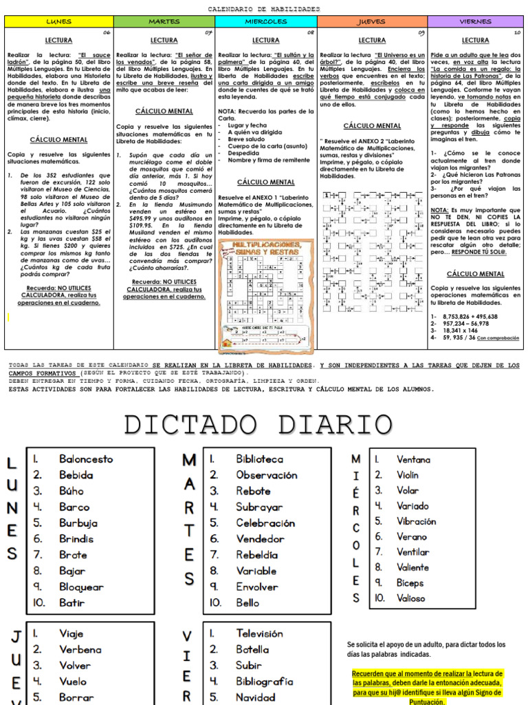 Calendario de Tareas Habilidades Sem 06 Al 10 Octubre | PDF