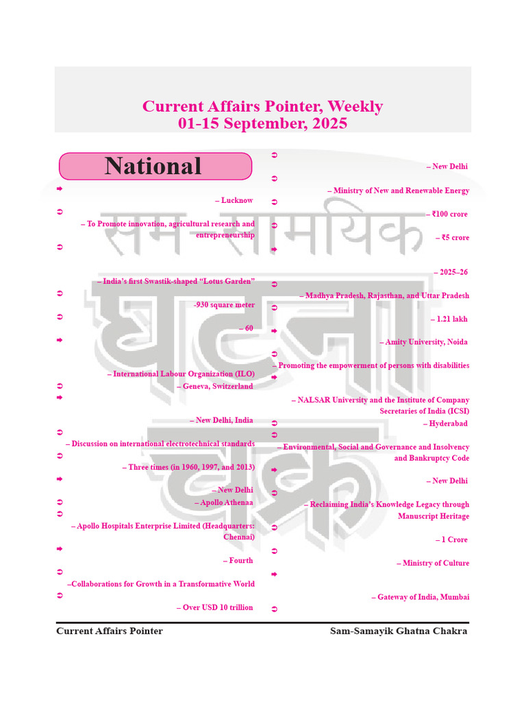Current Affairs Pointer, Weekly 01 September To 15 September, 2025 | PDF