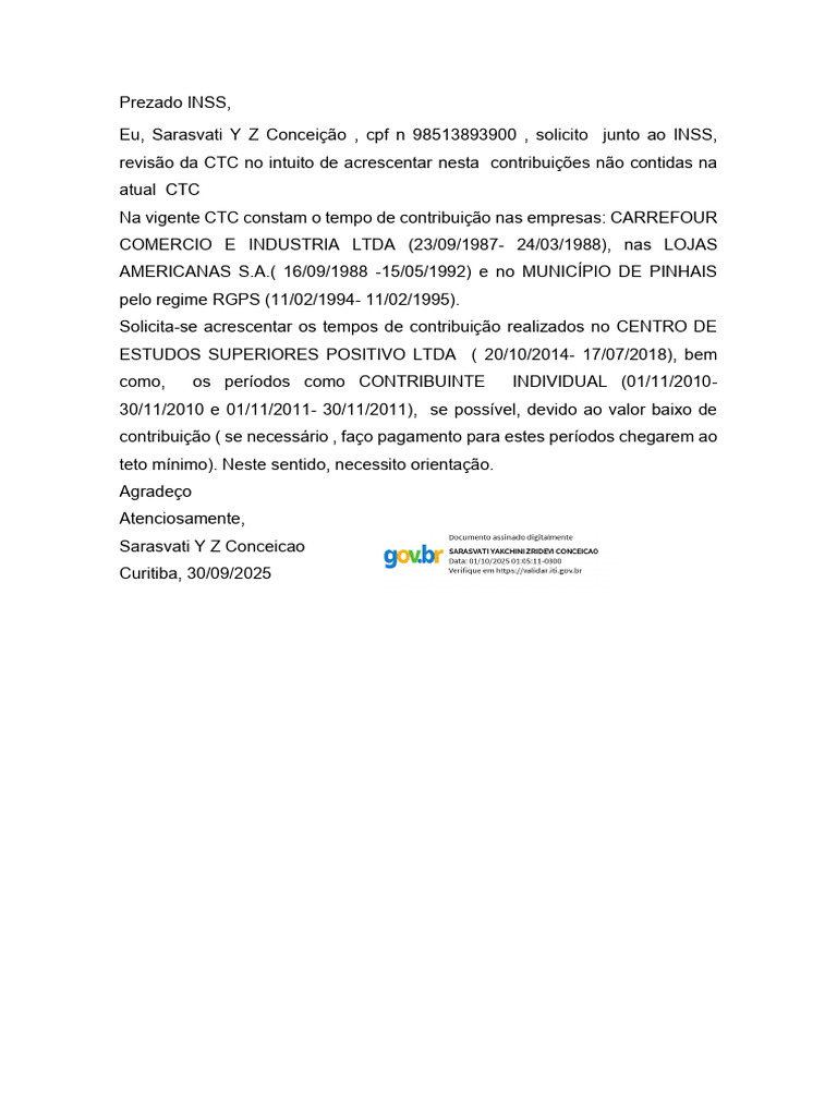 Solicitação de Revisão de CTC ao INSS | PDF