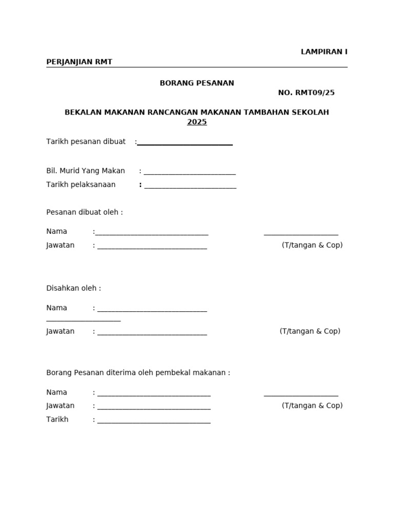 Borang Pesanan RMT Sekolah 2023 | PDF